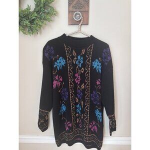 Vintage Dana Scott Womens Size M Black Sparkly Floral Tunic Sweater Mock Neck